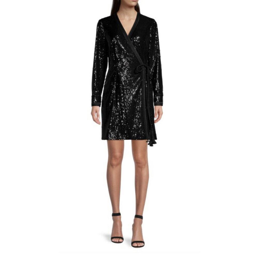 KOBI HALPERIN Black Sequined Short Wrap Addison Dress Size M